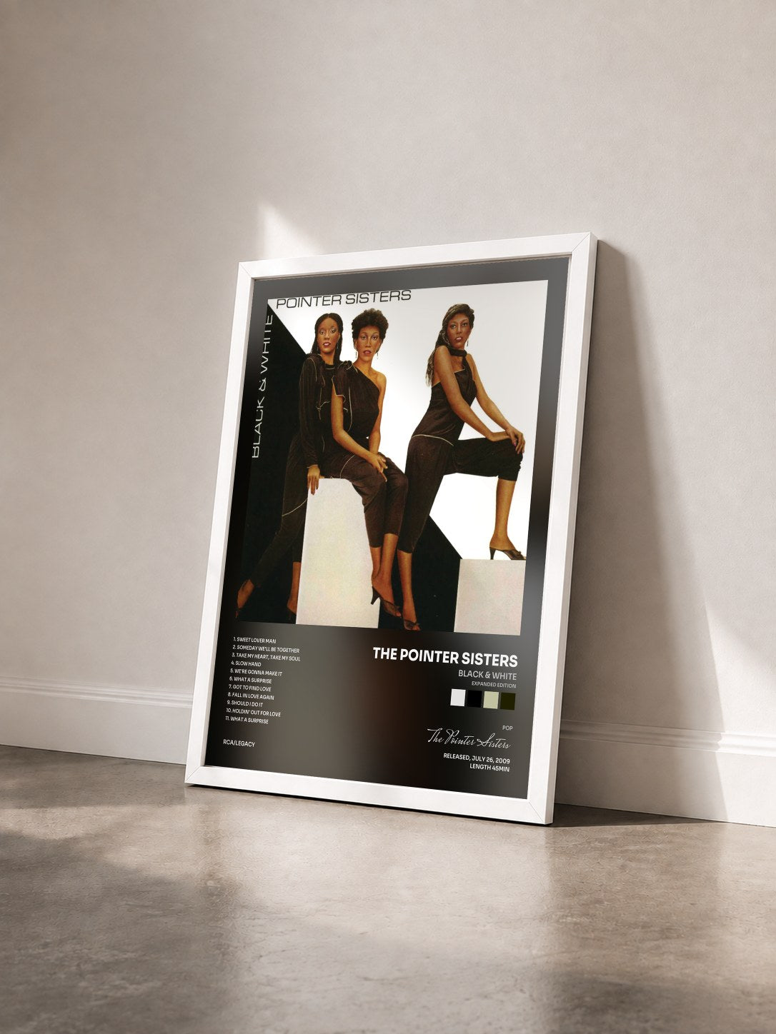 #blanc Tableau de l'album Black & White (Expanded Edition) de The Pointer Sisters vu de trois quarts, cadre blanc