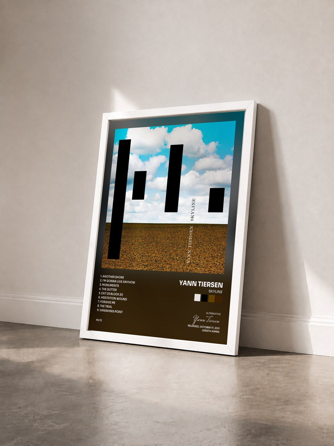 #blanc Tableau de l'album Skyline de Yann Tiersen vu de trois quarts, cadre blanc