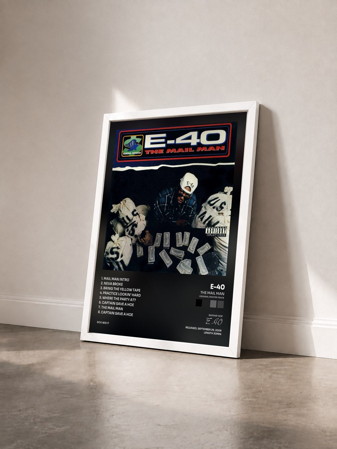 #blanc Tableau de l'album The Mail Man (Original Master Peace) de E-40 vu de trois quarts, cadre blanc