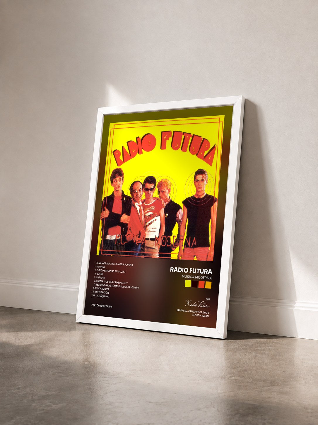#blanc Tableau de l'album Musica Moderna de Radio Futura vu de trois quarts, cadre blanc