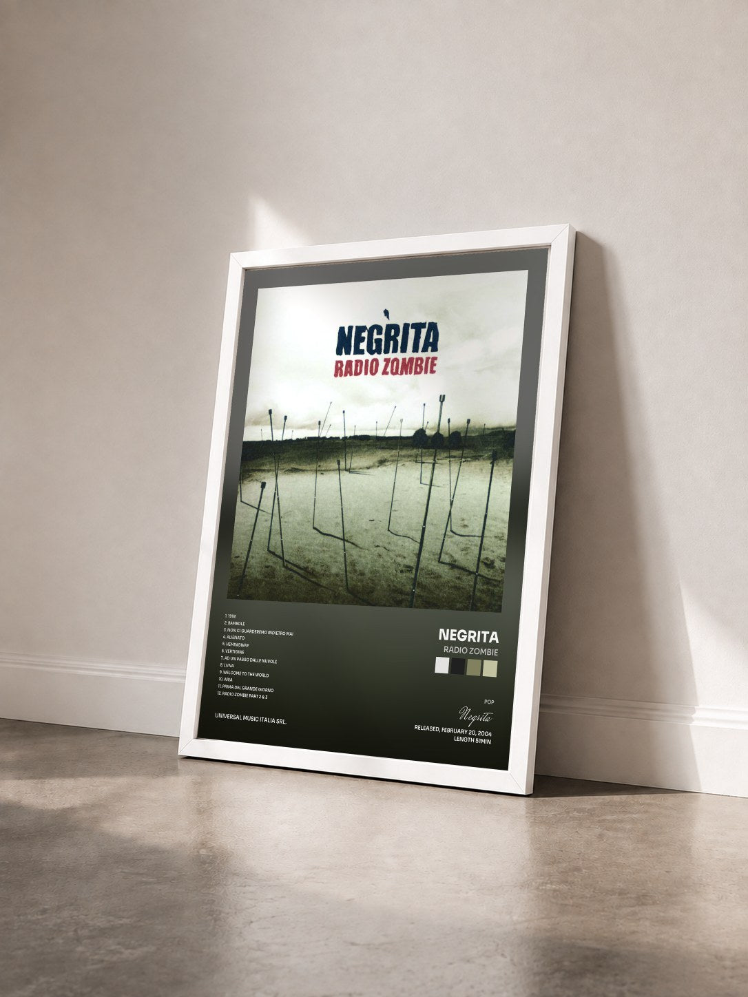#blanc Tableau de l'album Radio Zombie de Negrita vu de trois quarts, cadre blanc