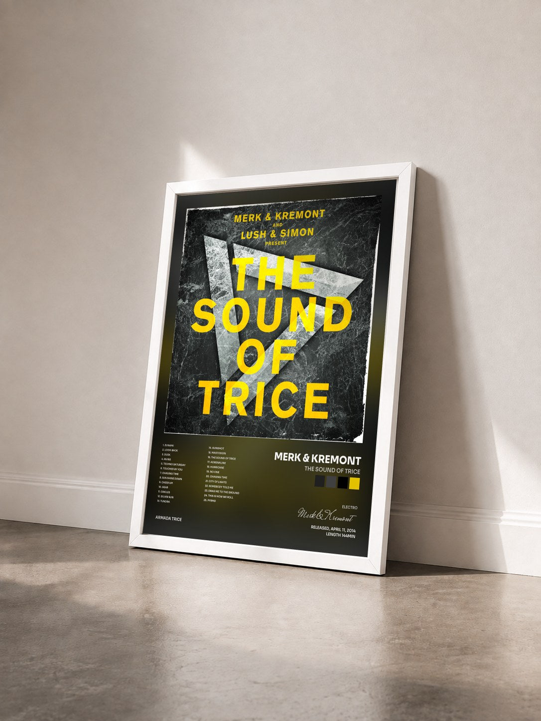 #blanc Tableau de l'album The Sound Of Trice de Merk & Kremont vu de trois quarts, cadre blanc