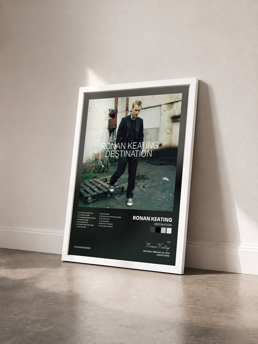 #blanc Tableau de l'album Destination de Ronan Keating vu de trois quarts, cadre blanc