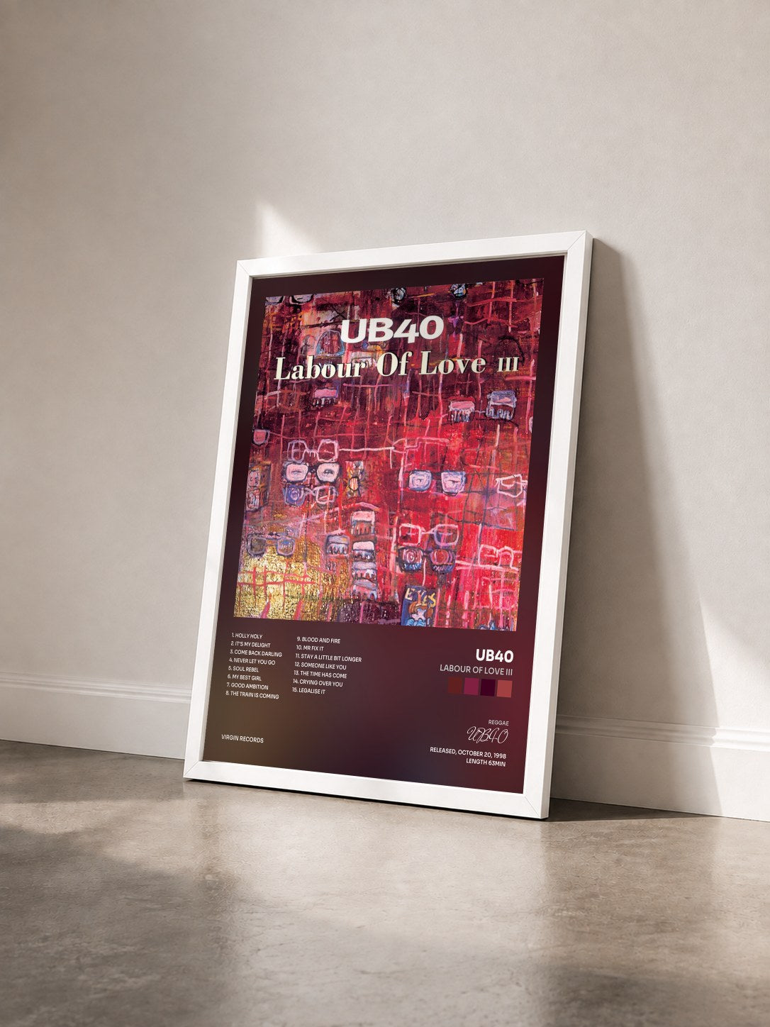 #blanc Tableau de l'album Labour Of Love III de UB40 vu de trois quarts, cadre blanc