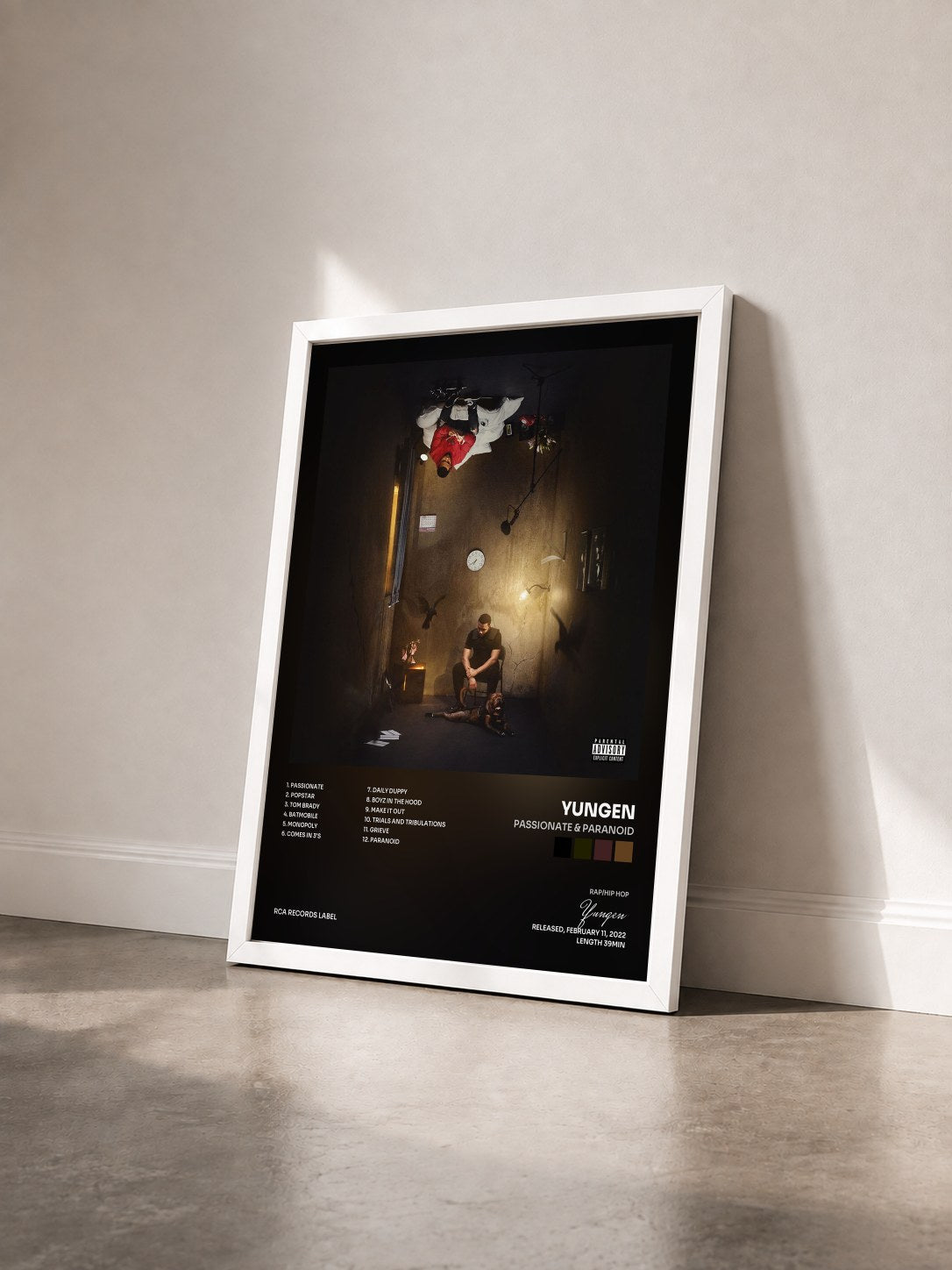 #blanc Tableau de l'album Passionate & Paranoid de Yungen vu de trois quarts, cadre blanc