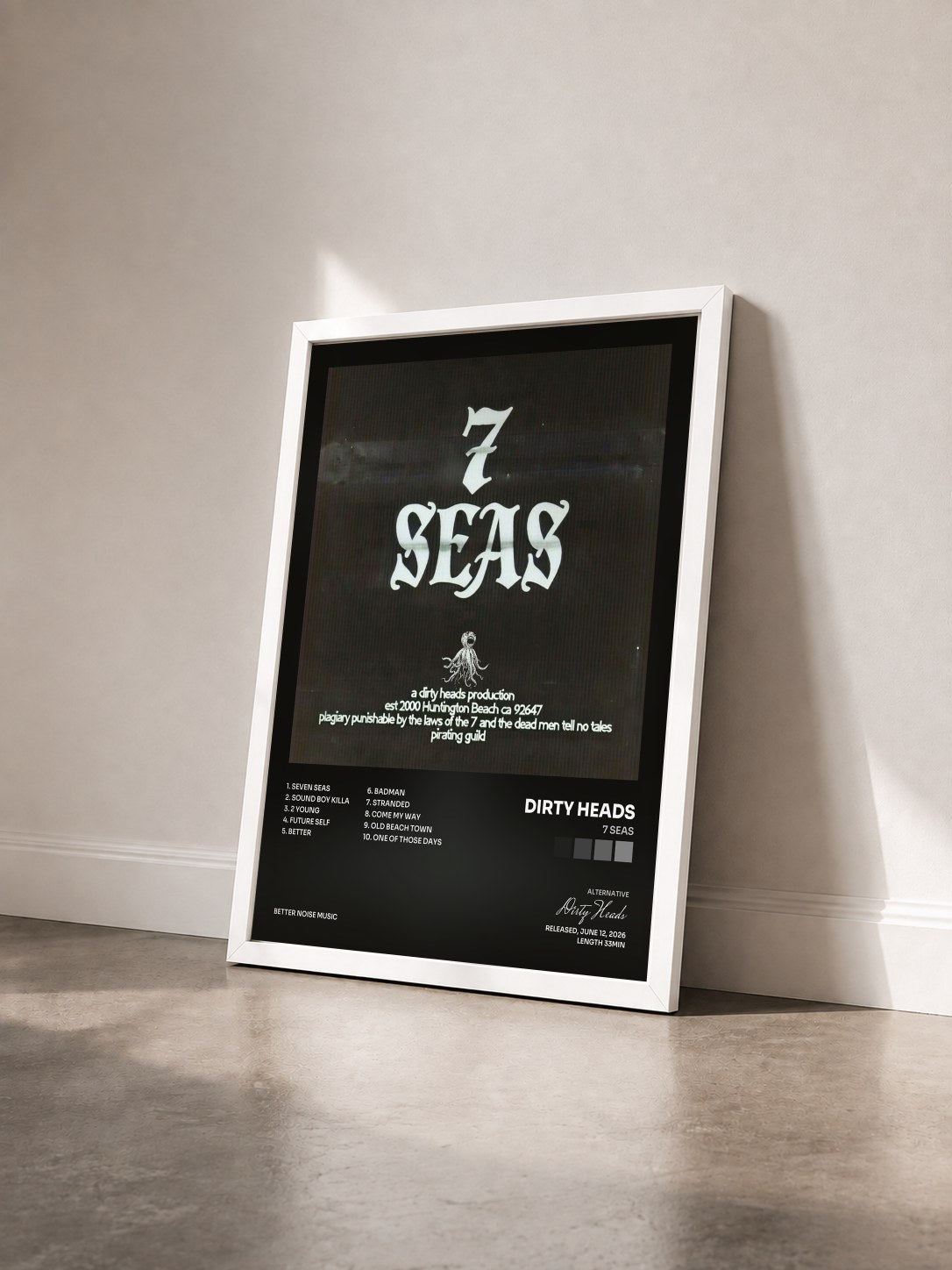 #blanc Tableau de l'album 7 Seas de Dirty Heads vu de trois quarts, cadre blanc