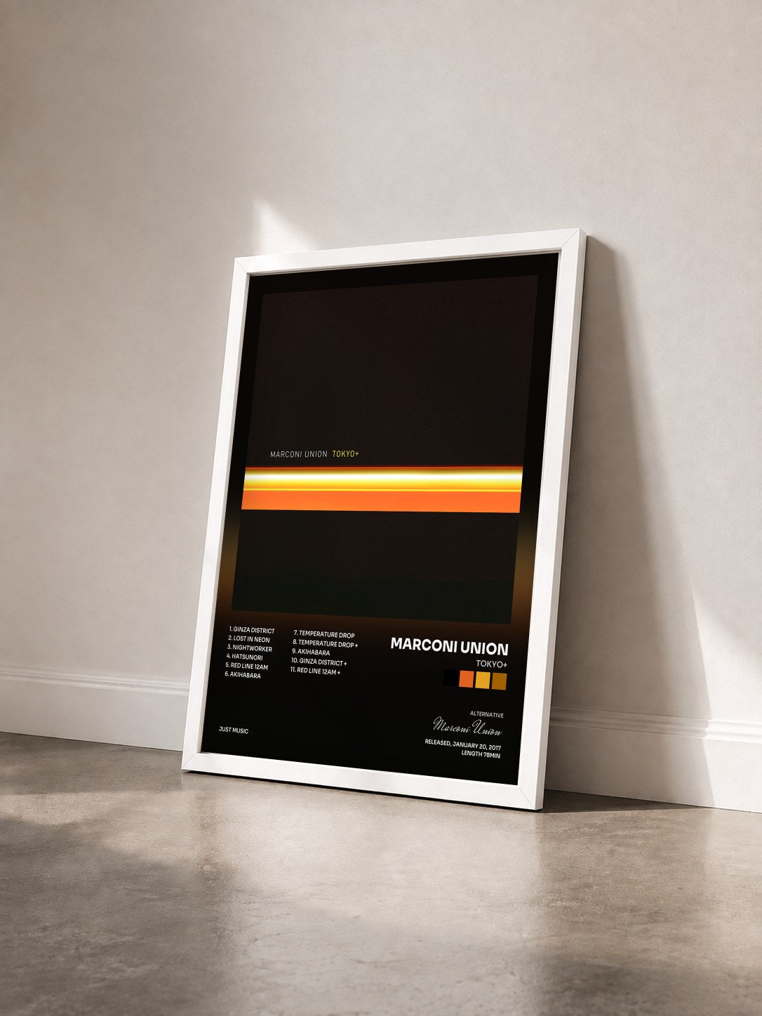 #blanc Tableau de l'album Tokyo+ de Marconi Union vu de trois quarts, cadre blanc