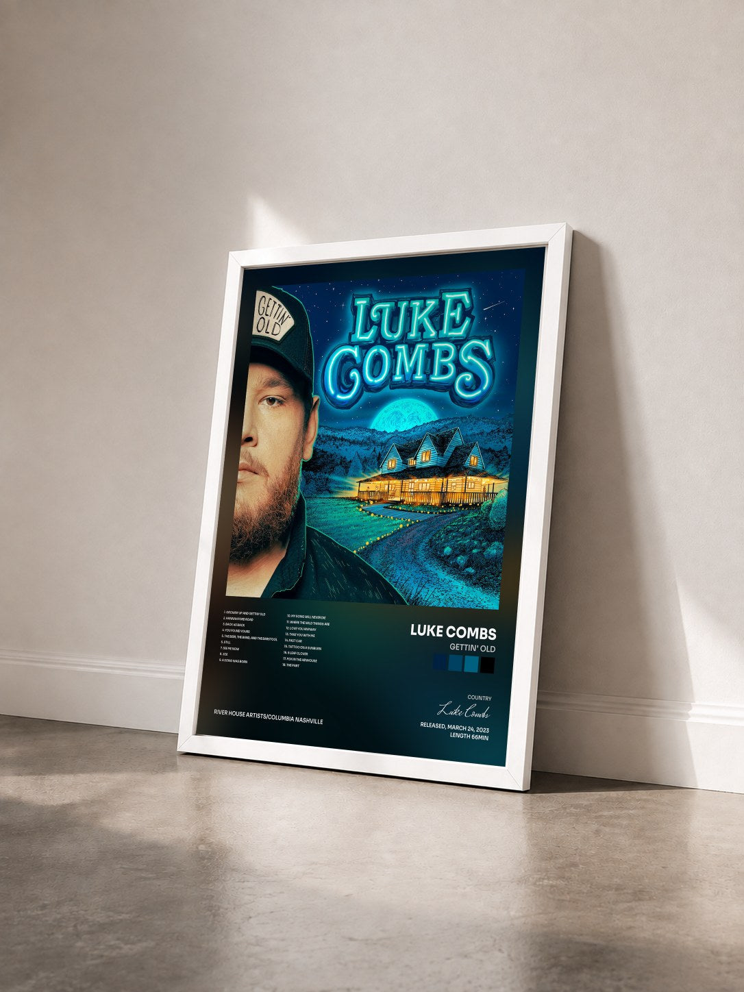 #blanc Tableau de l'album Gettin' Old de Luke Combs vu de trois quarts, cadre blanc