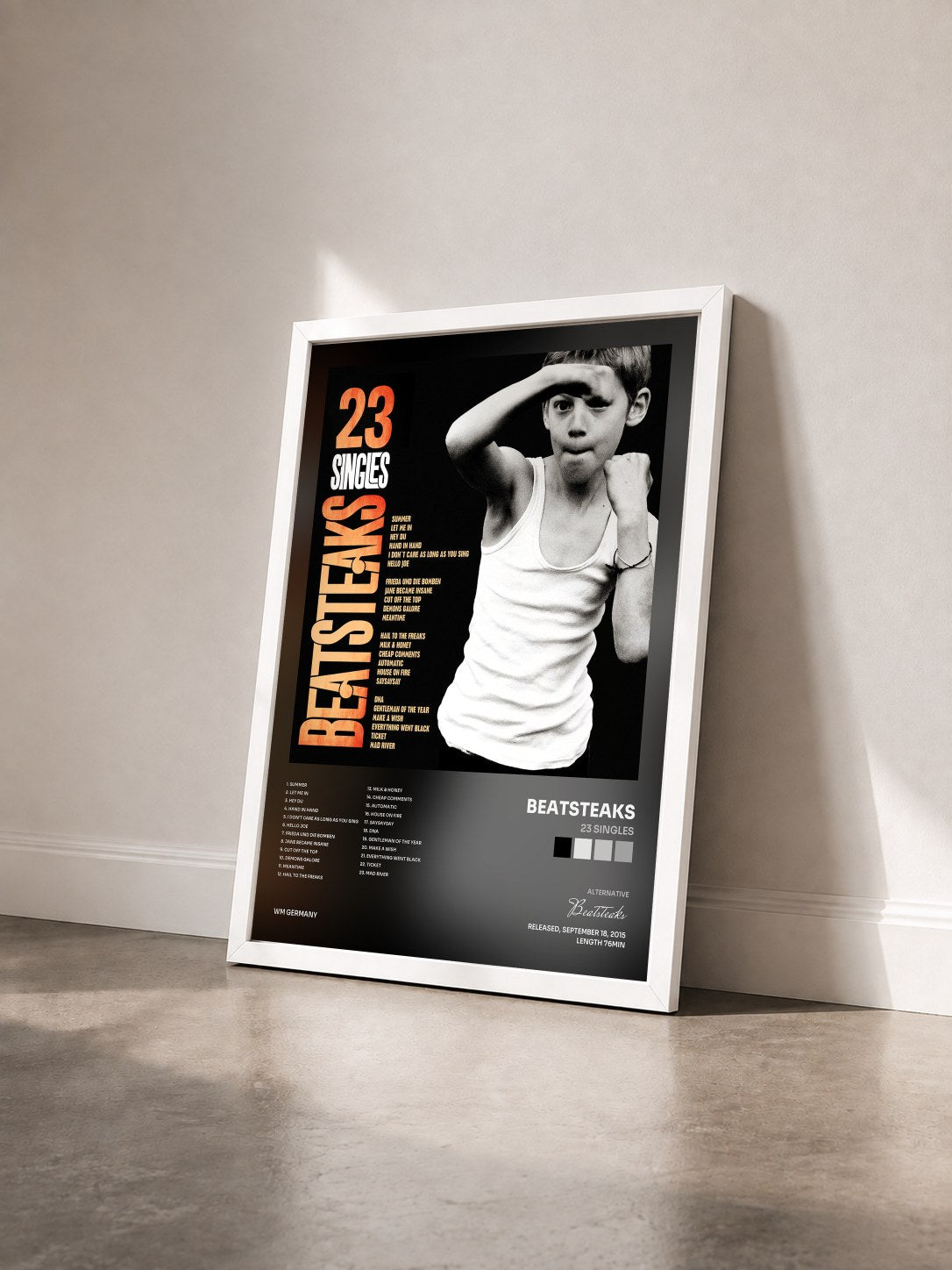 #blanc Tableau de l'album 23 Singles de Beatsteaks vu de trois quarts, cadre blanc
