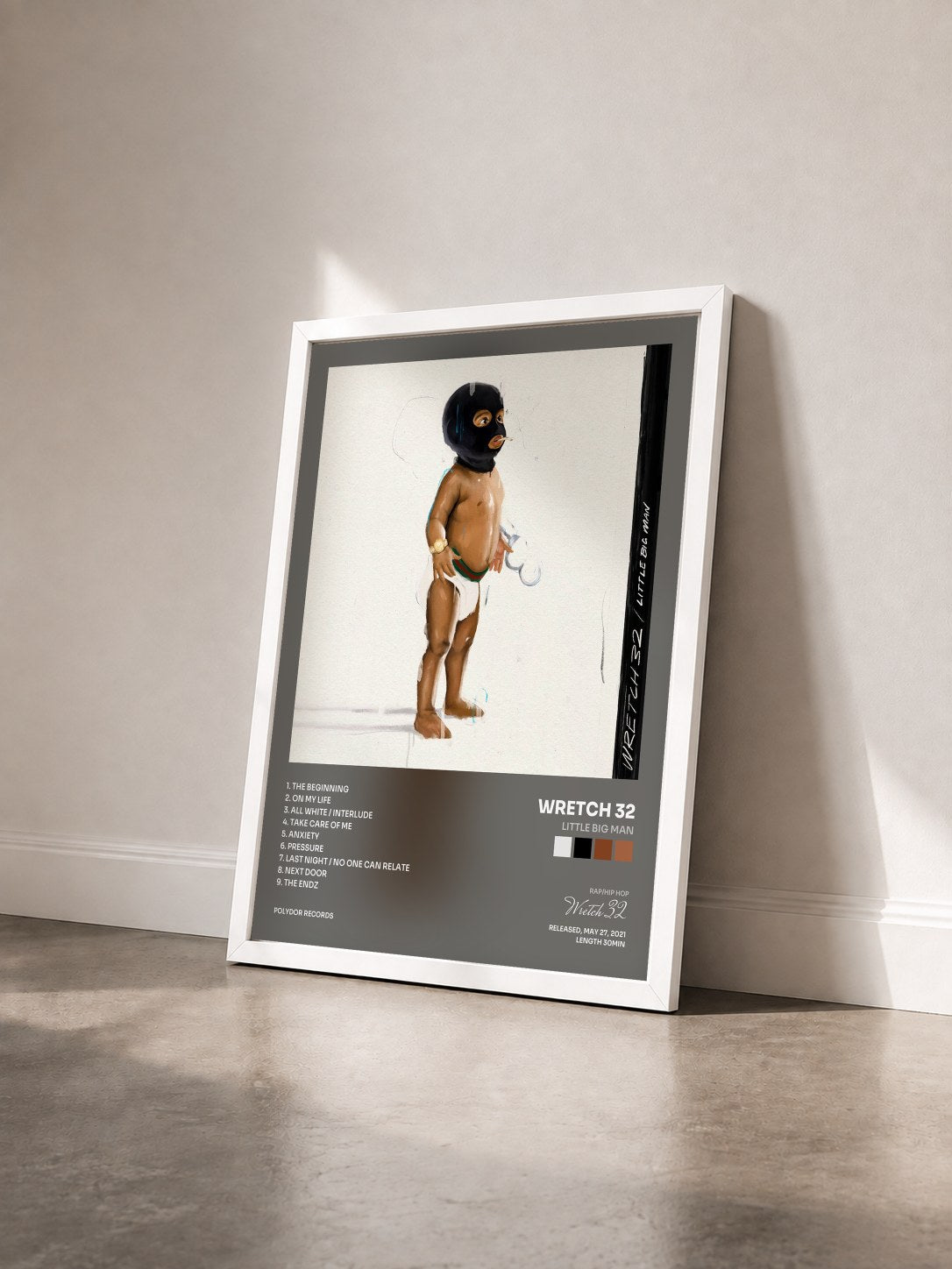 #blanc Tableau de l'album little BIG Man de Wretch 32 vu de trois quarts, cadre blanc