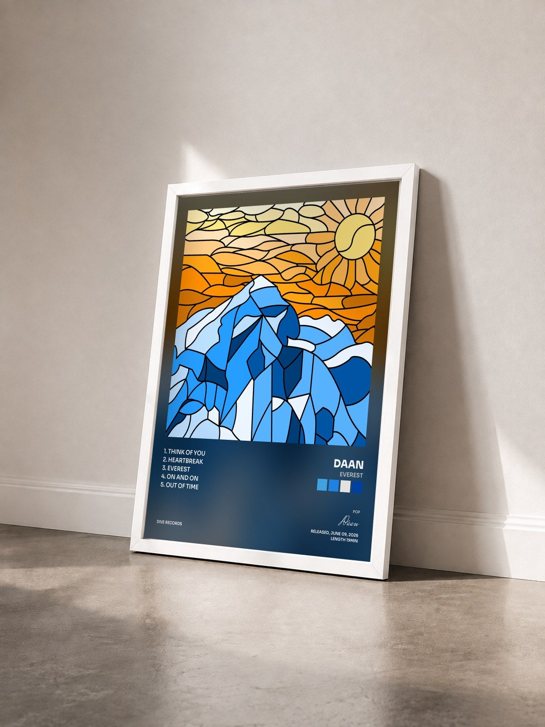 #blanc Tableau de l'album EVEREST de Daan vu de trois quarts, cadre blanc