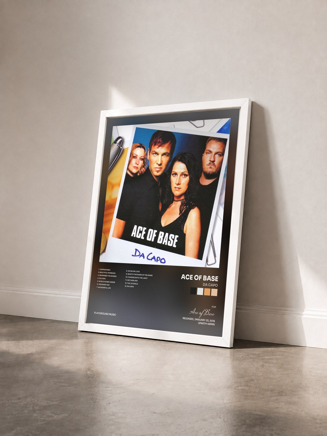 #blanc Tableau de l'album Da Capo de Ace of Base vu de trois quarts, cadre blanc