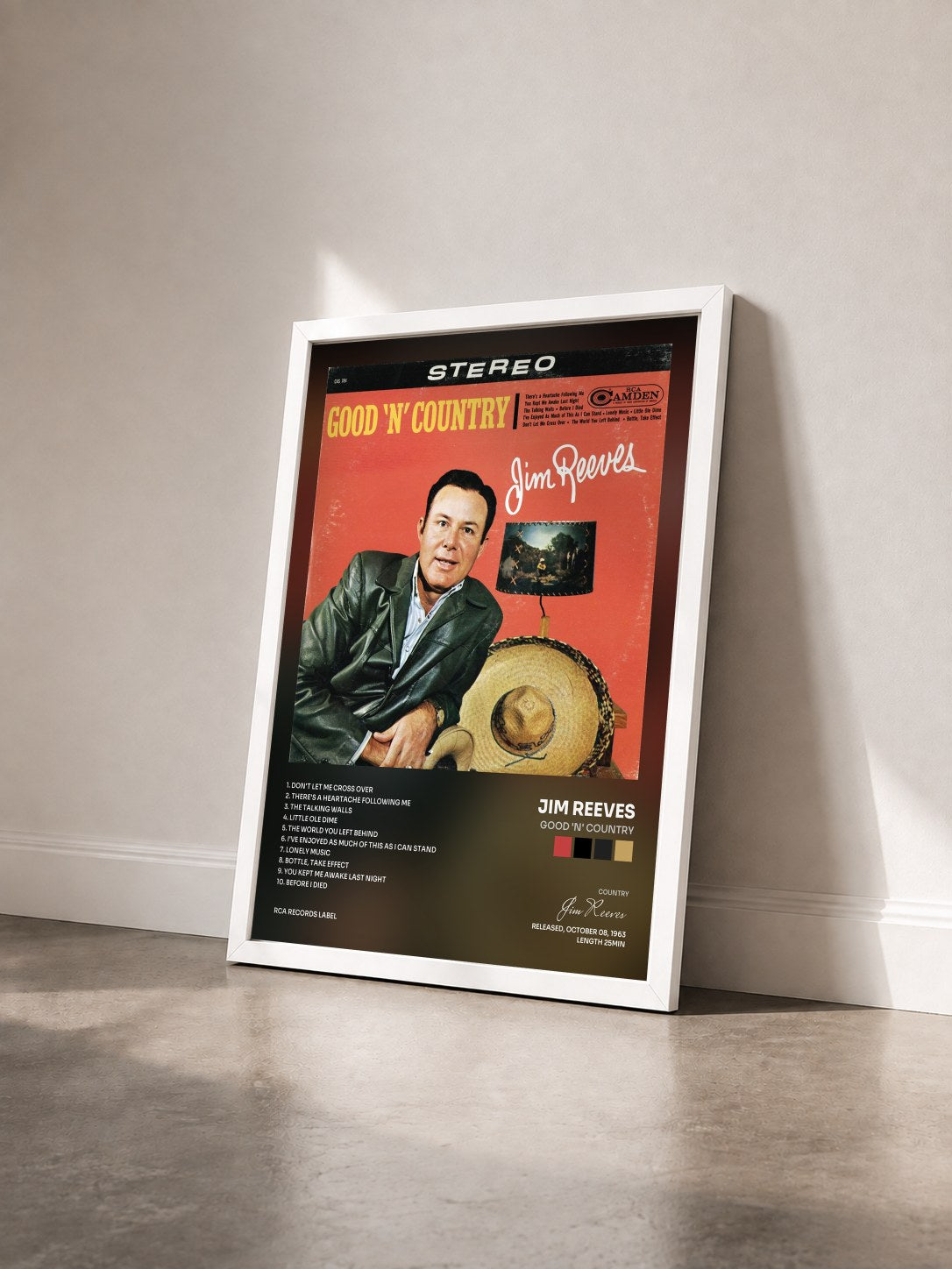 #blanc Tableau de l'album Good 'N' Country de Jim Reeves vu de trois quarts, cadre blanc