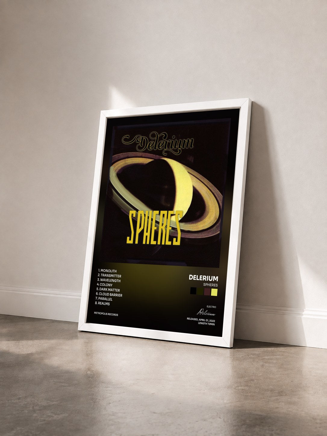 #blanc Tableau de l'album Spheres de Delerium vu de trois quarts, cadre blanc