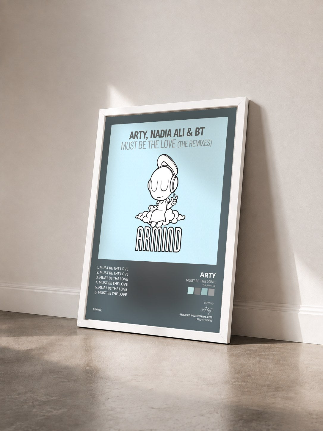 #blanc Tableau de l'album Must Be The Love (The Remixes) de Arty vu de trois quarts, cadre blanc