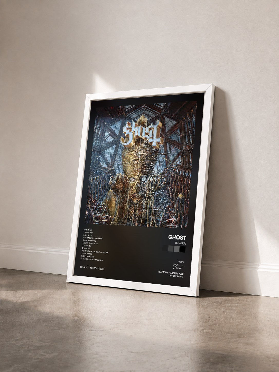 #blanc Tableau de l'album IMPERA de Ghost vu de trois quarts, cadre blanc
