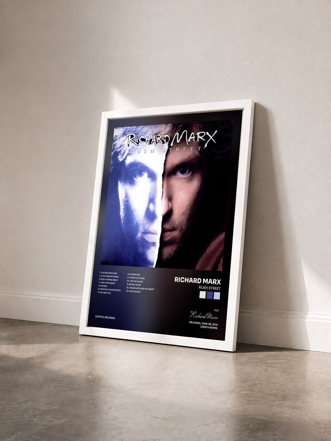 #blanc Tableau de l'album Rush Street de Richard Marx vu de trois quarts, cadre blanc