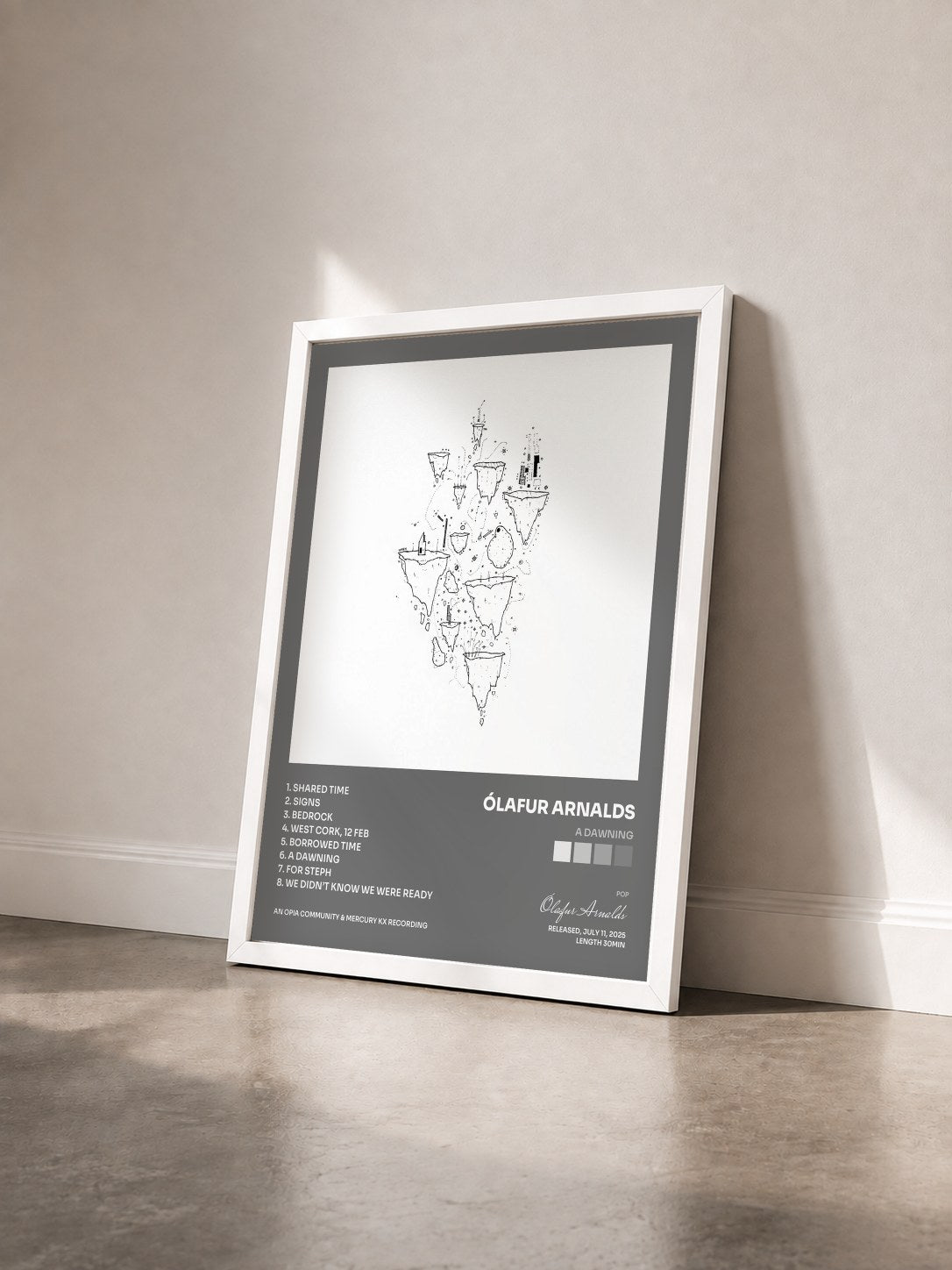 #blanc Tableau de l'album A Dawning de Ólafur Arnalds vu de trois quarts, cadre blanc