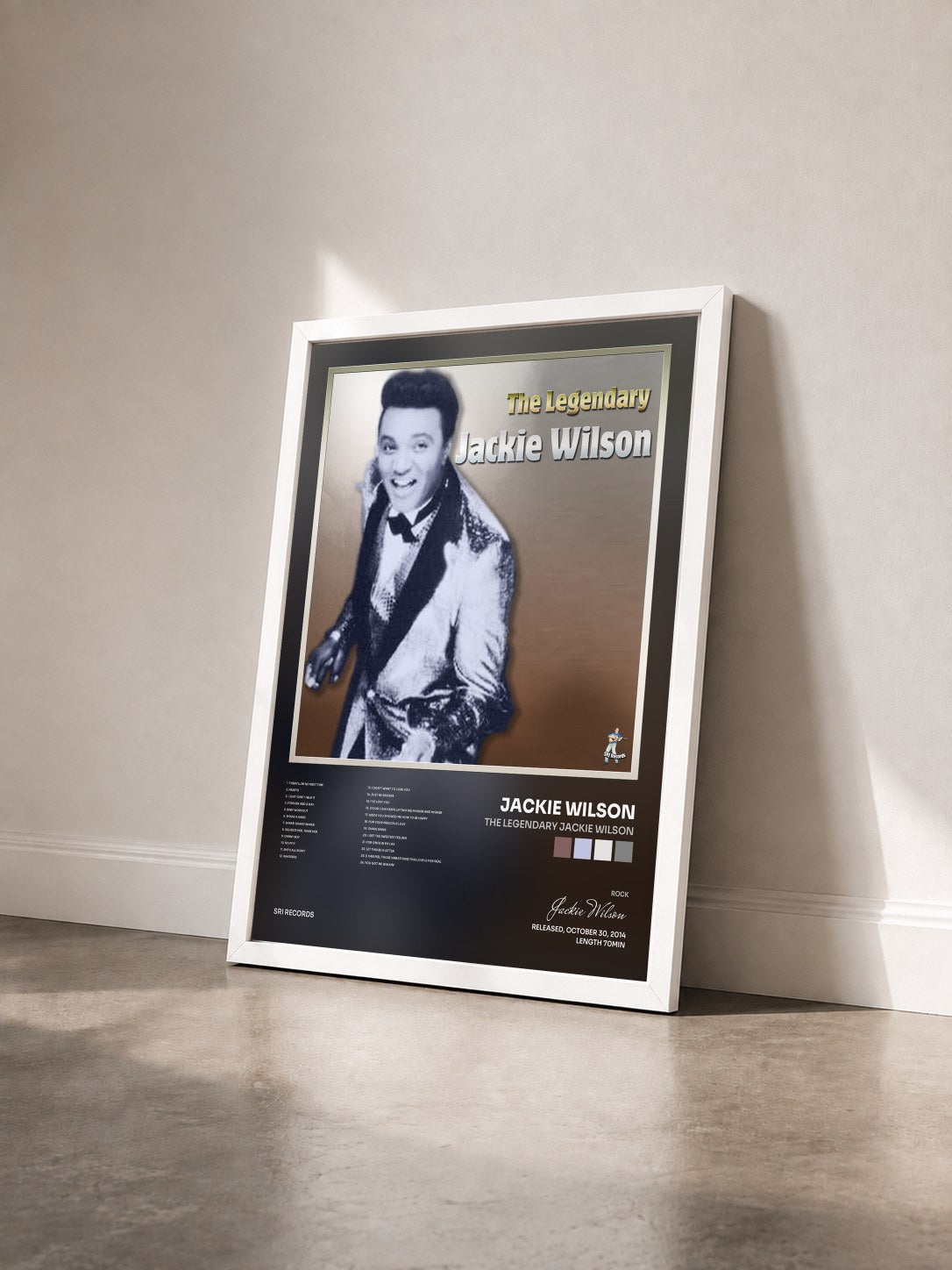 #blanc Tableau de l'album The Legendary Jackie Wilson de Jackie Wilson vu de trois quarts, cadre blanc