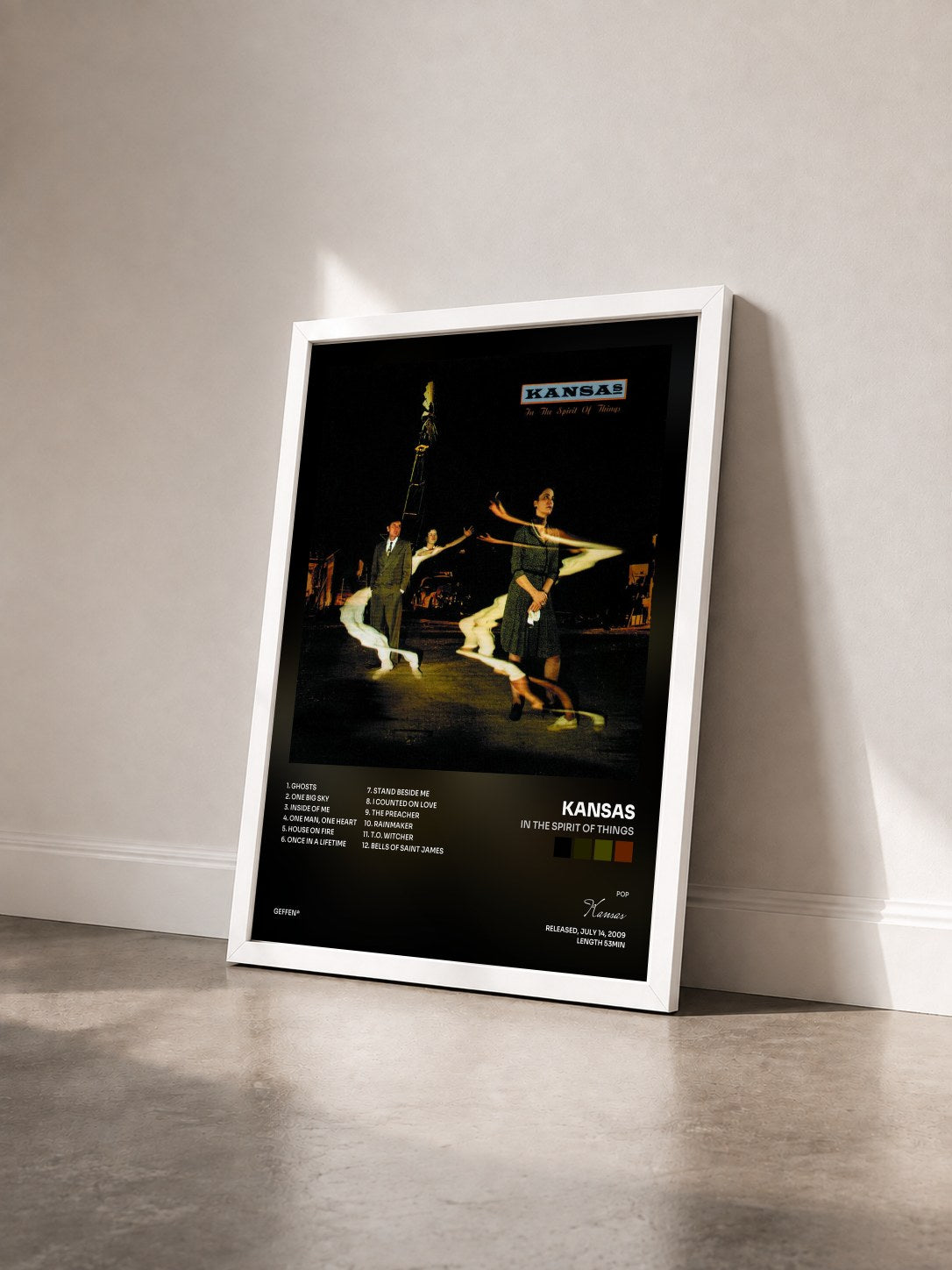 #blanc Tableau de l'album In The Spirit Of Things de Kansas vu de trois quarts, cadre blanc