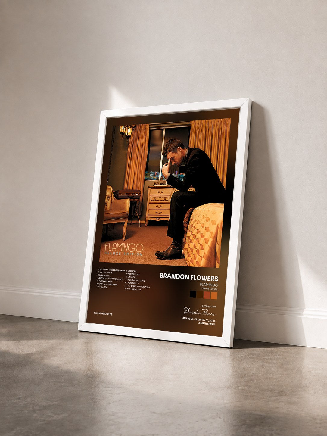 #blanc Tableau de l'album Flamingo (Deluxe Edition) de Brandon Flowers vu de trois quarts, cadre blanc
