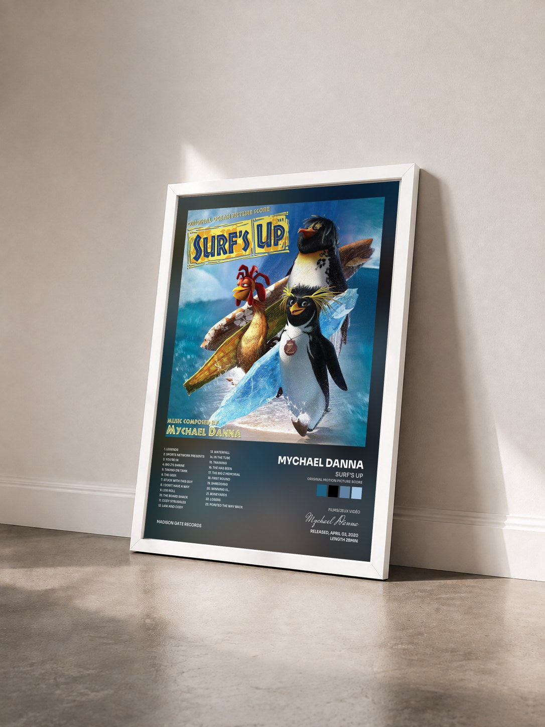 #blanc Tableau de l'album Surf's up (Original Motion Picture Score) de Mychael Danna vu de trois quarts, cadre blanc