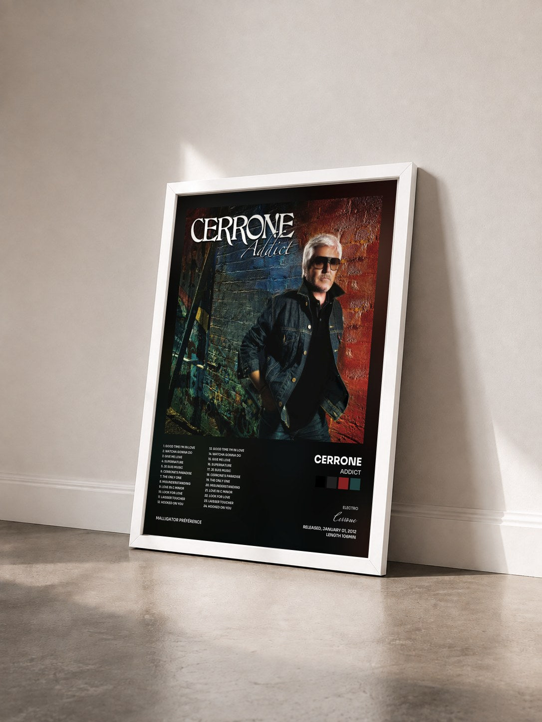 #blanc Tableau de l'album Addict de Cerrone vu de trois quarts, cadre blanc