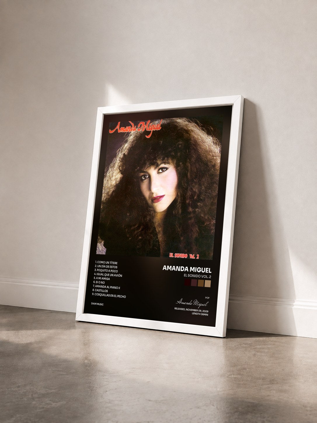 #blanc Tableau de l'album El Sonido Vol. 2 de Amanda Miguel vu de trois quarts, cadre blanc