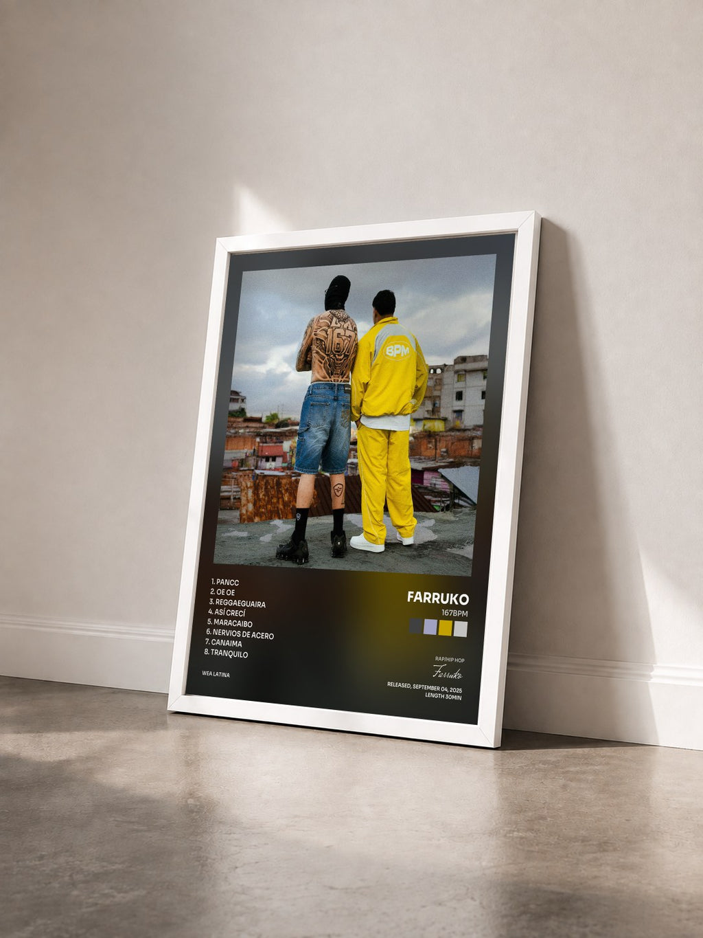 #blanc Tableau de l'album 167BPM de Farruko vu de trois quarts, cadre blanc