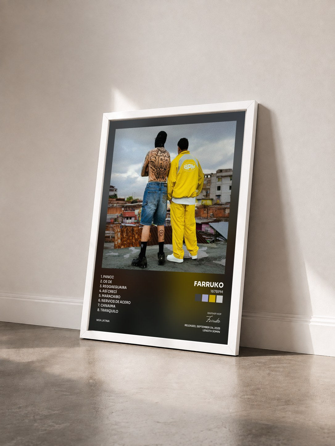 #blanc Tableau de l'album 167BPM de Farruko vu de trois quarts, cadre blanc