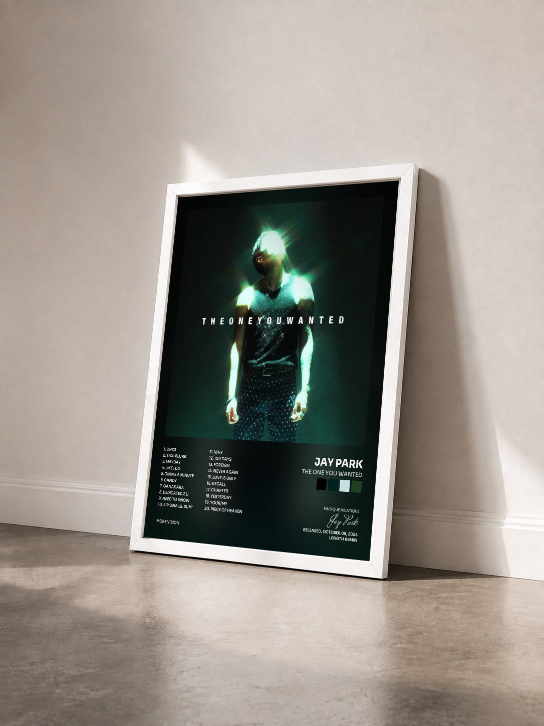 #blanc Tableau de l'album THE ONE YOU WANTED de Jay Park vu de trois quarts, cadre blanc