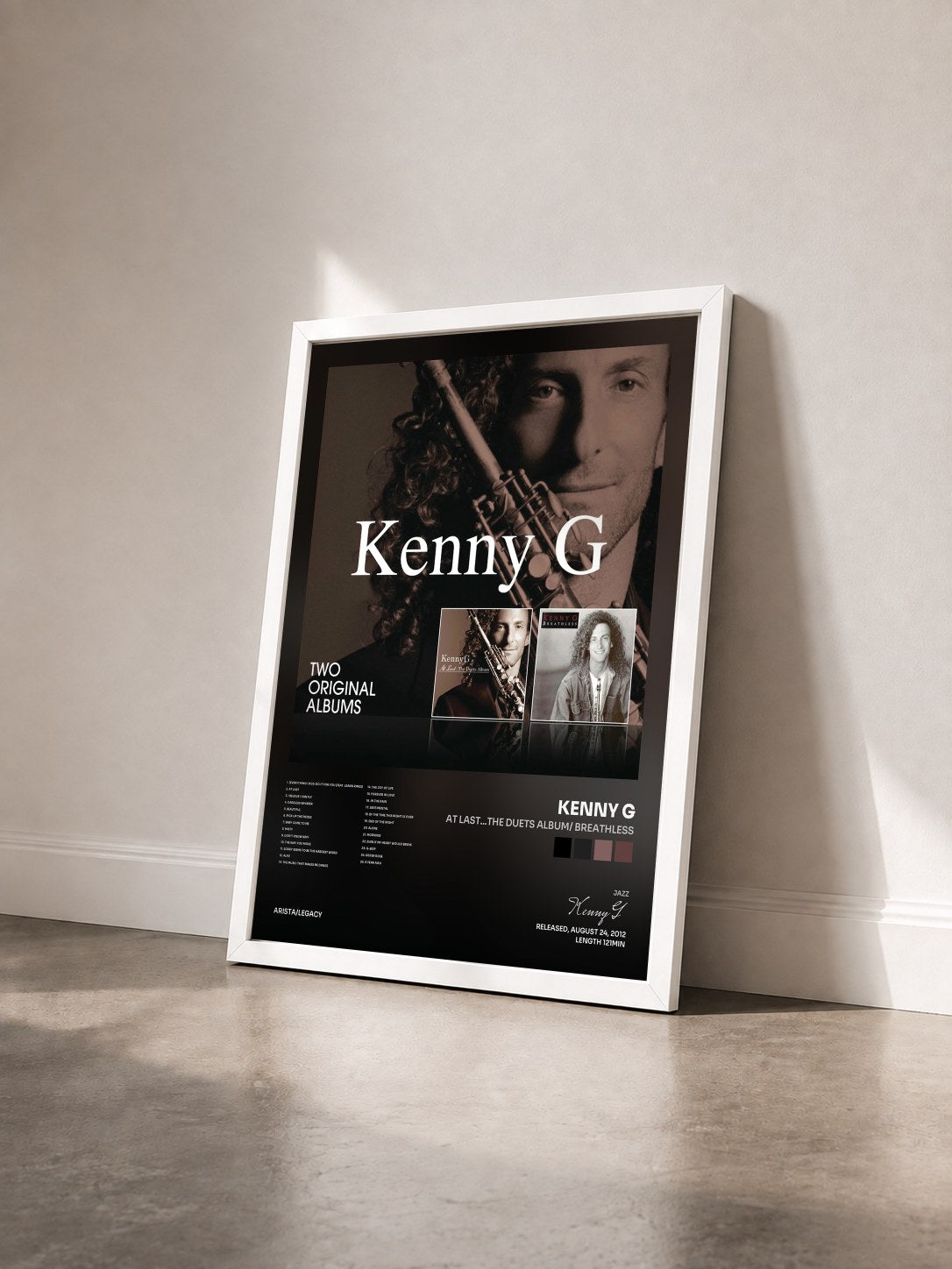 #blanc Tableau de l'album At Last...The Duets Album/ Breathless de Kenny G vu de trois quarts, cadre blanc