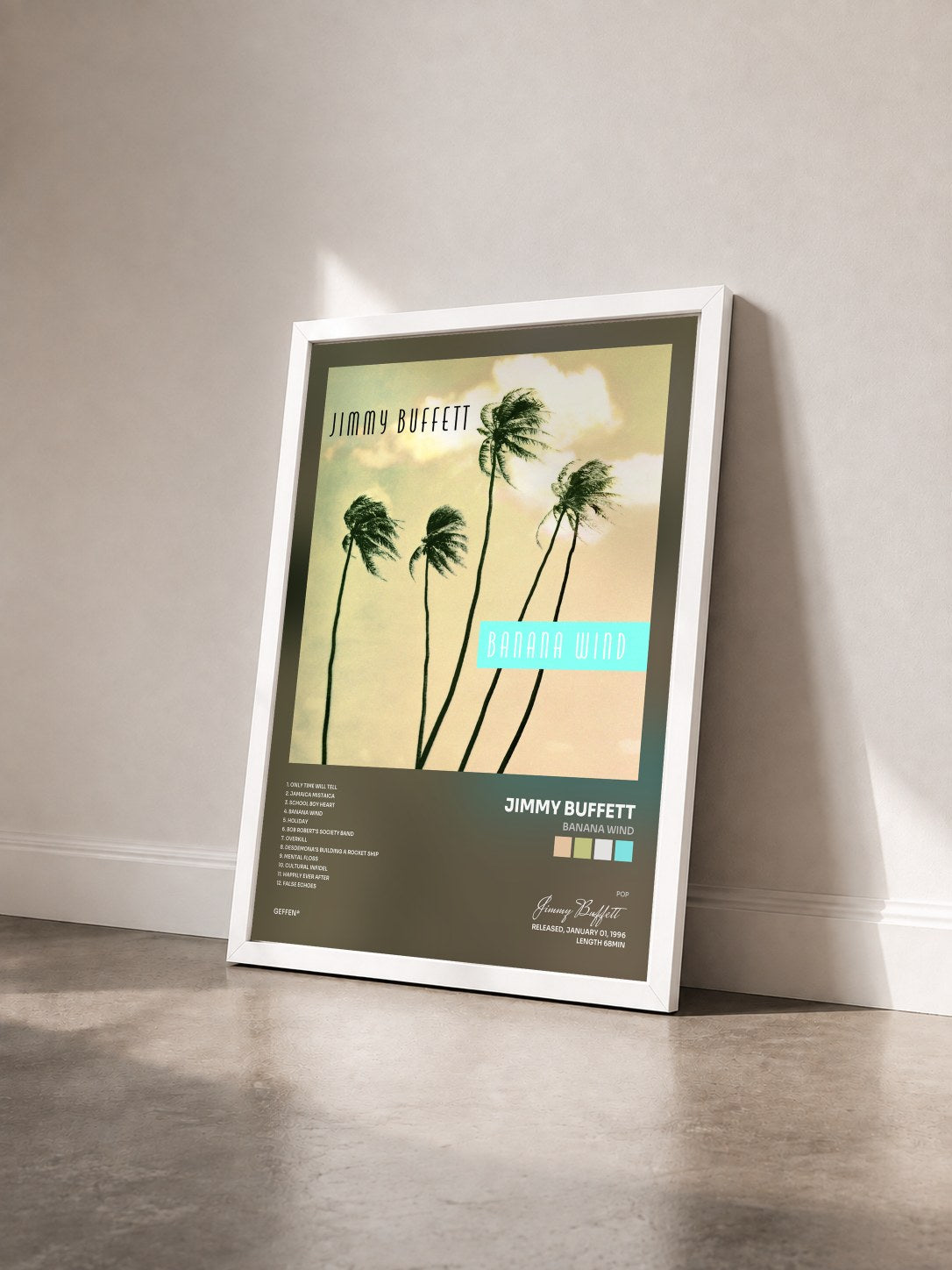 #blanc Tableau de l'album Banana Wind de Jimmy Buffett vu de trois quarts, cadre blanc