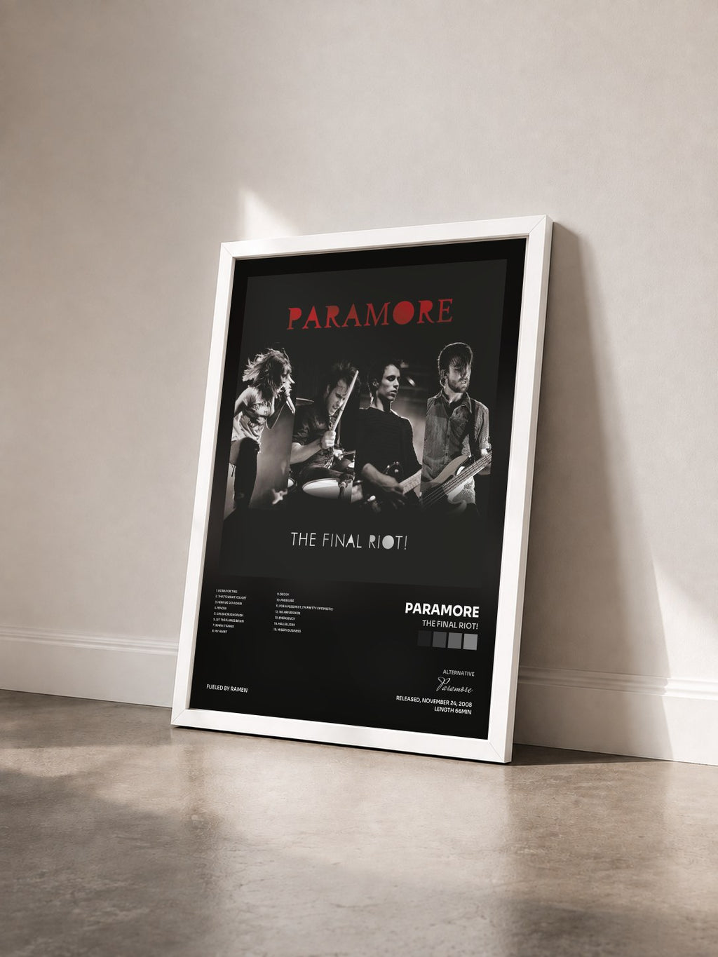 #blanc Tableau de l'album The Final Riot! de Paramore vu de trois quarts, cadre blanc