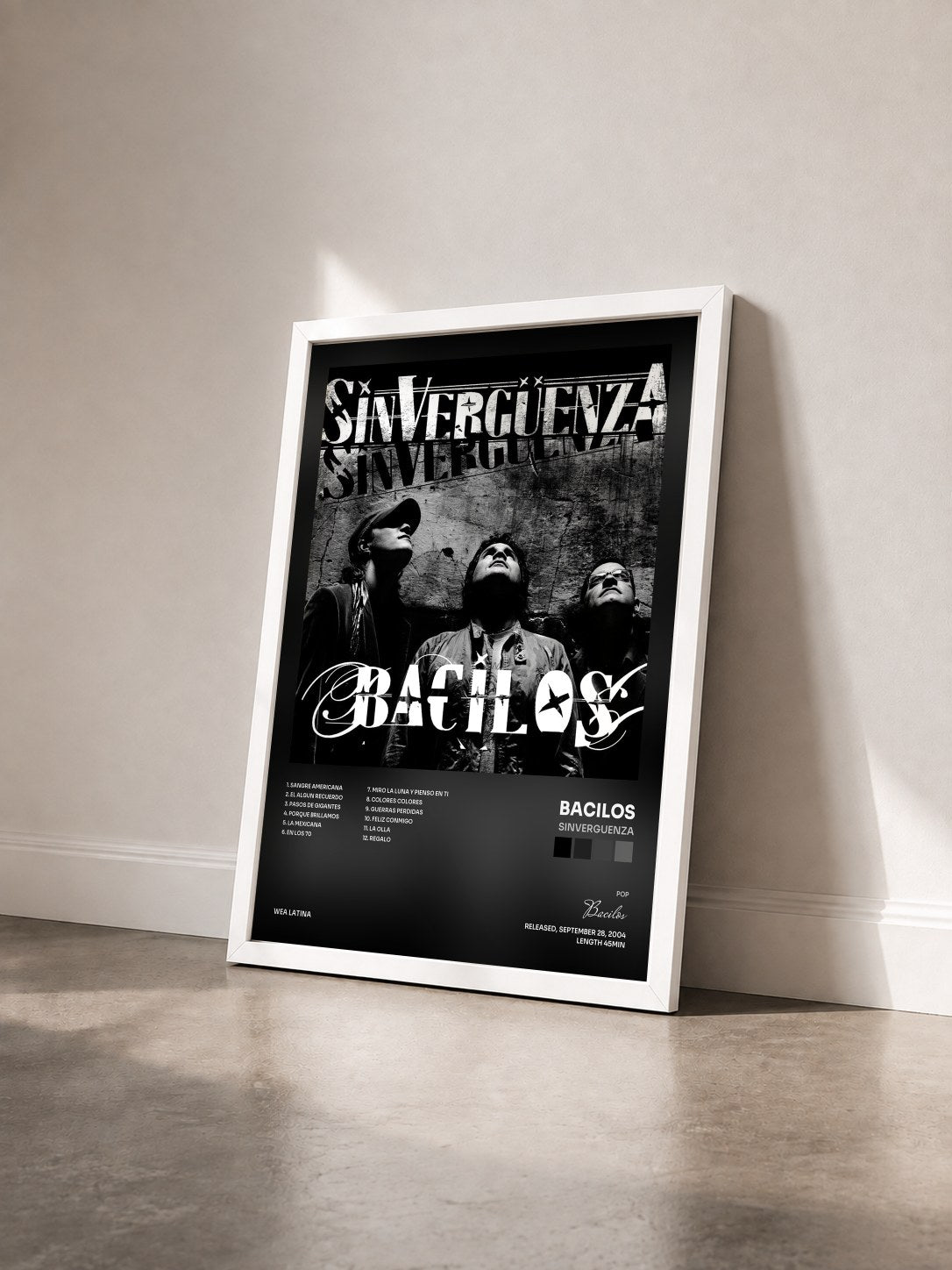 #blanc Tableau de l'album Sinverguenza de Bacilos vu de trois quarts, cadre blanc