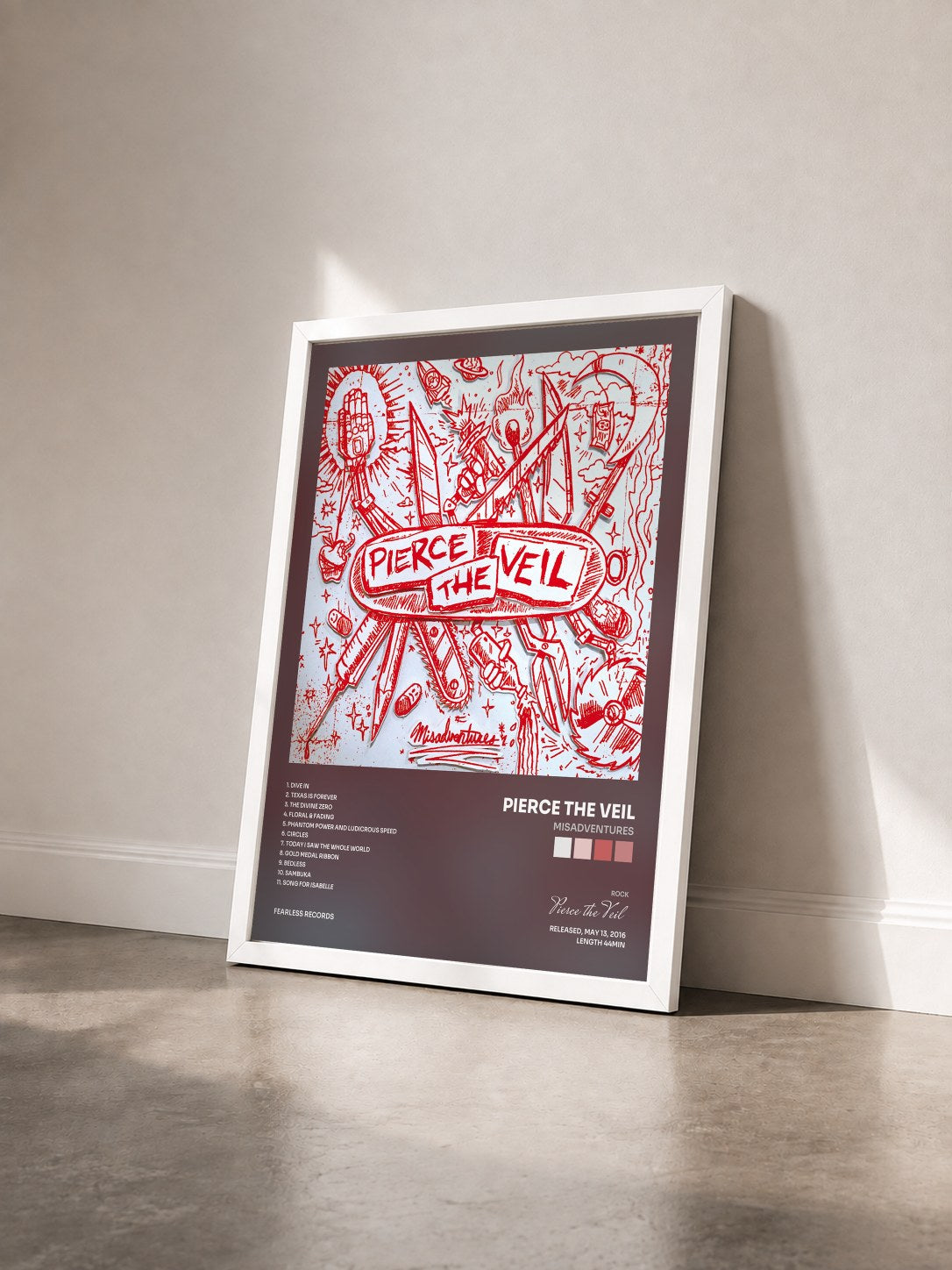 #blanc Tableau de l'album Misadventures de Pierce the Veil vu de trois quarts, cadre blanc