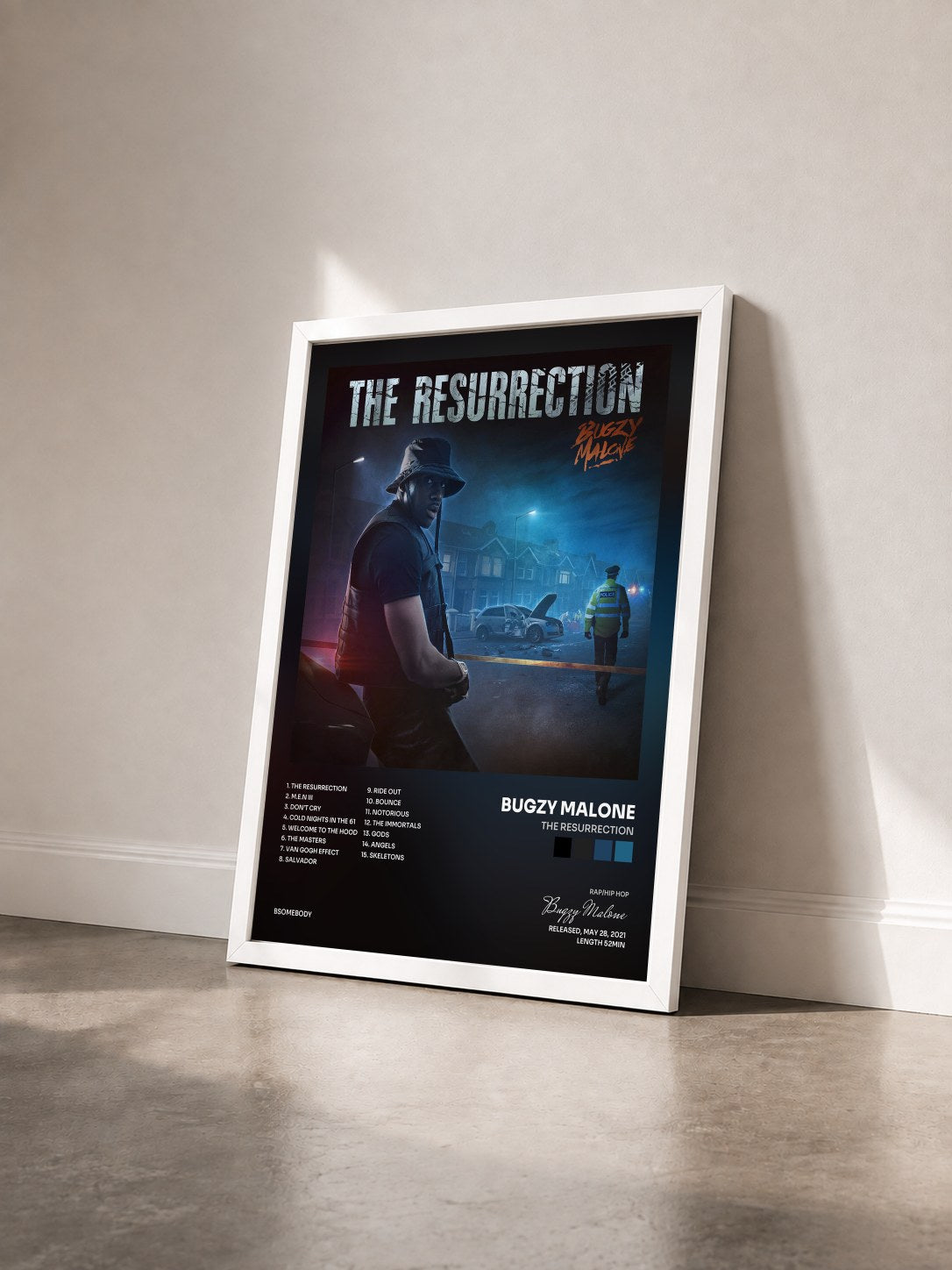 #blanc Tableau de l'album The Resurrection de Bugzy Malone vu de trois quarts, cadre blanc