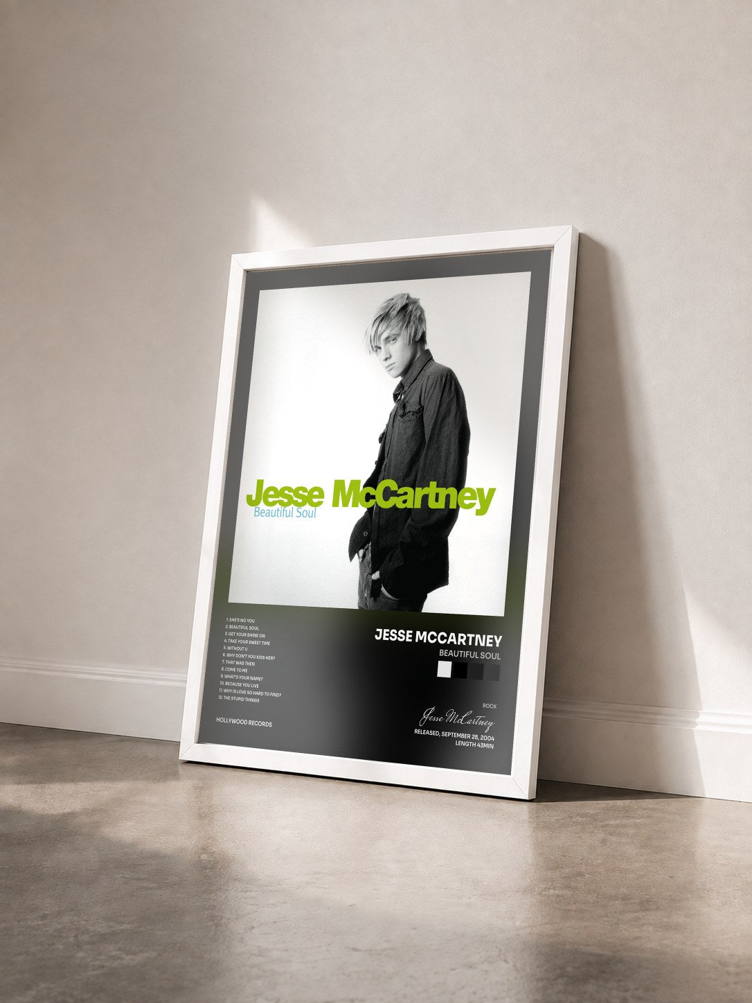 #blanc Tableau de l'album Beautiful Soul de Jesse McCartney vu de trois quarts, cadre blanc