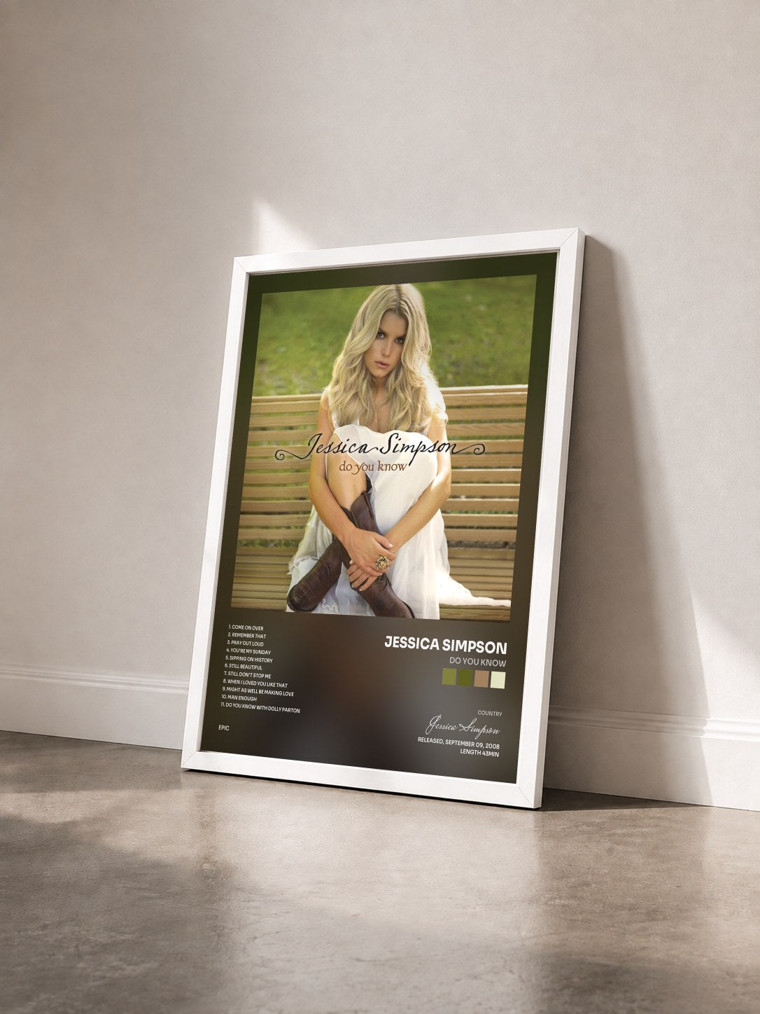 #blanc Tableau de l'album Do You Know de Jessica Simpson vu de trois quarts, cadre blanc
