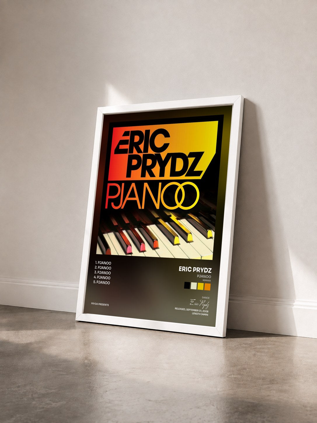 #blanc Tableau de l'album Pjanoo (Remixes) de Eric Prydz vu de trois quarts, cadre blanc