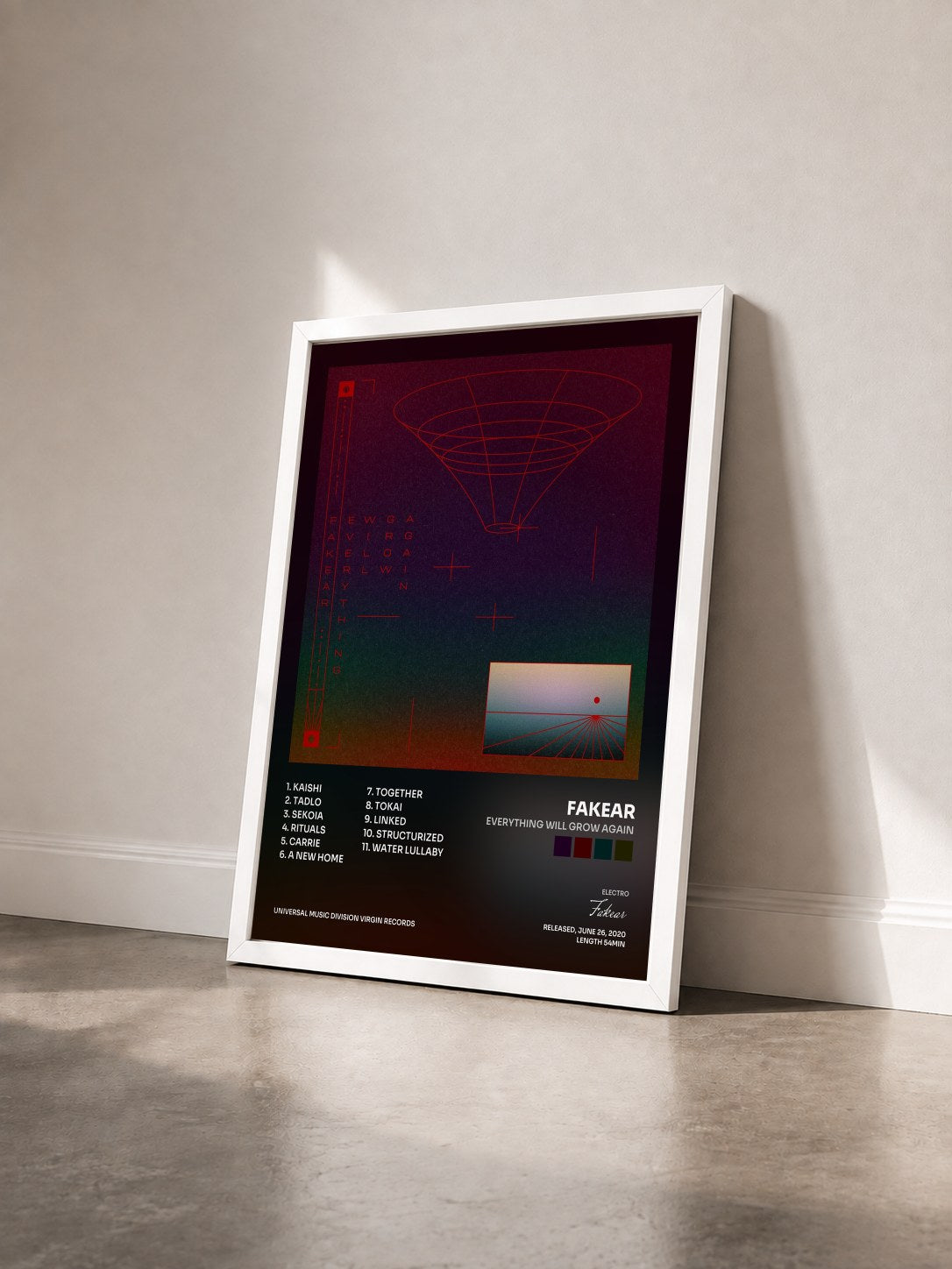 #blanc Tableau de l'album Everything Will Grow Again de Fakear vu de trois quarts, cadre blanc