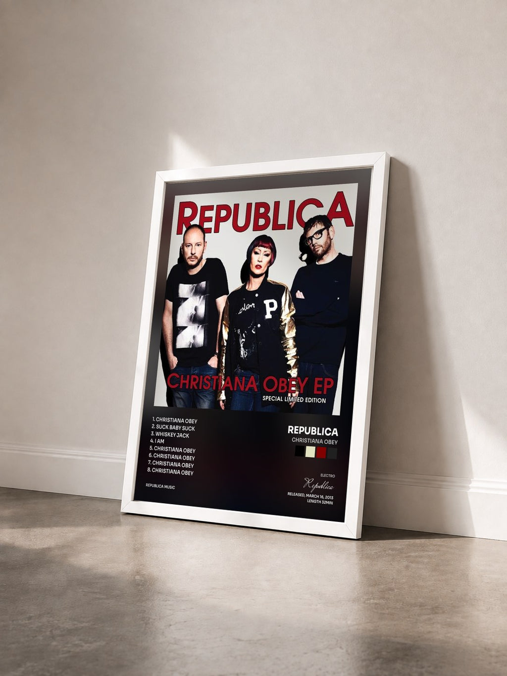 #blanc Tableau de l'album Christiana Obey de Republica vu de trois quarts, cadre blanc