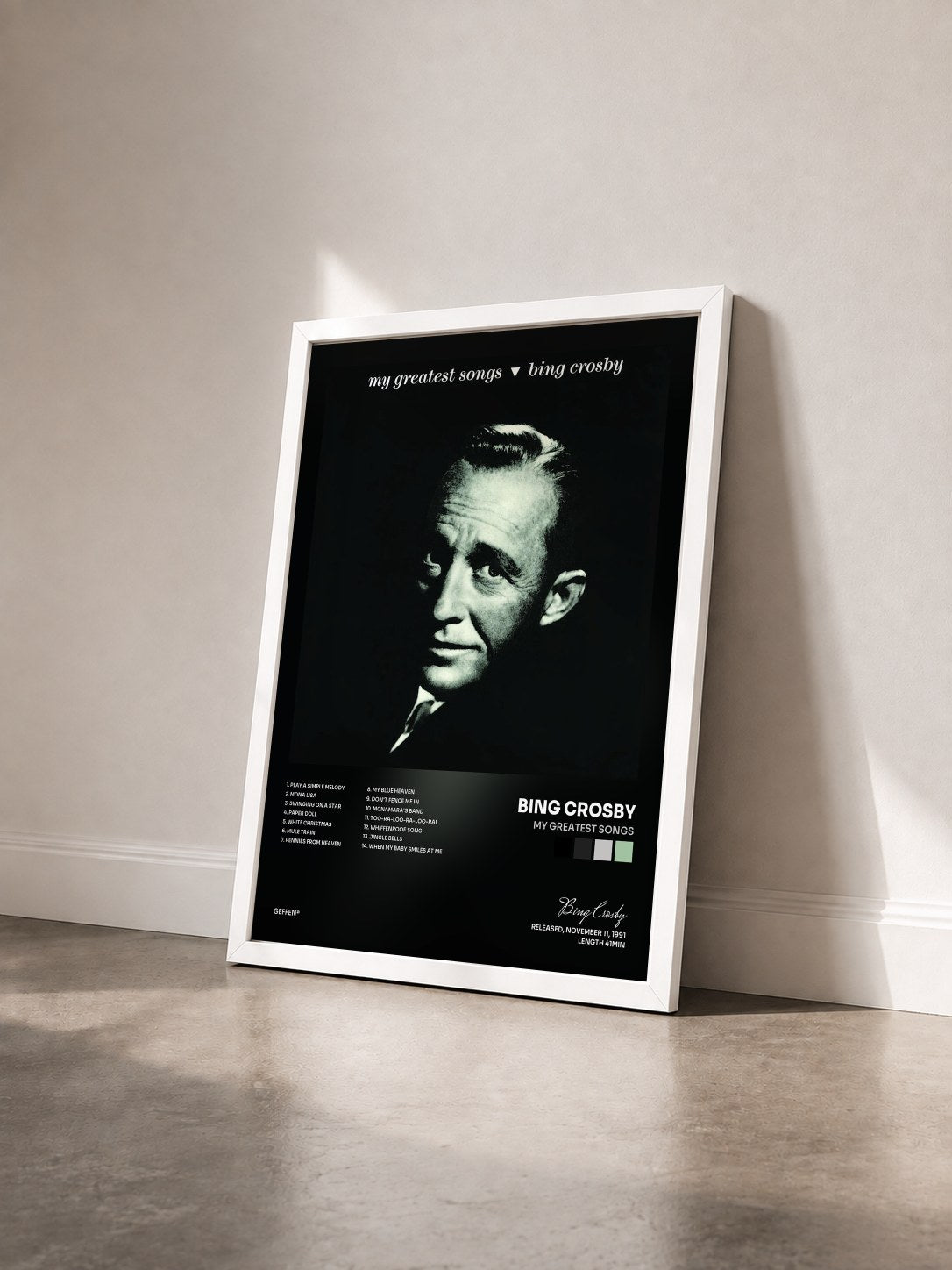 #blanc Tableau de l'album My Greatest Songs de Bing Crosby vu de trois quarts, cadre blanc