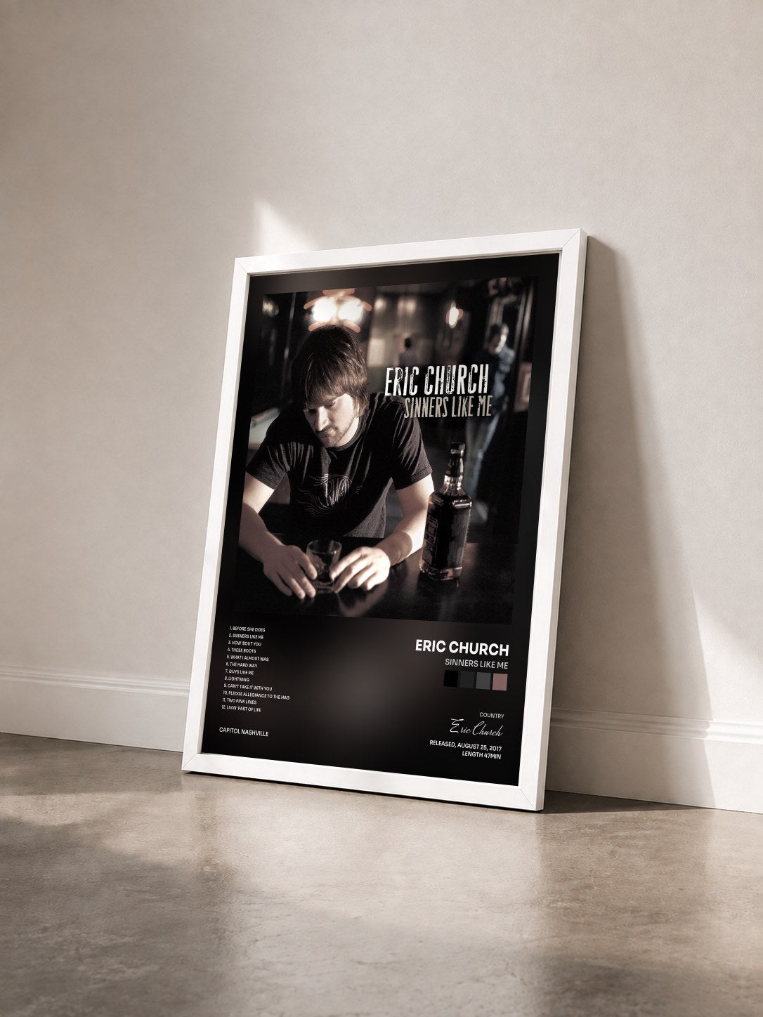 #blanc Tableau de l'album Sinners Like Me de Eric Church vu de trois quarts, cadre blanc