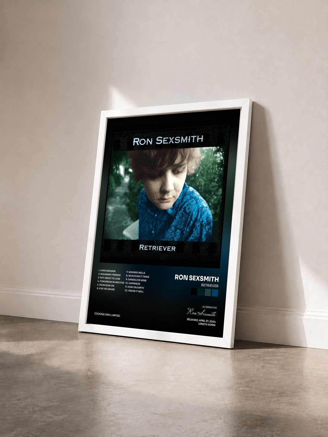 #blanc Tableau de l'album Retriever de Ron Sexsmith vu de trois quarts, cadre blanc