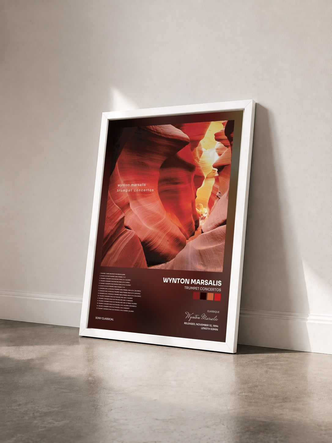 #blanc Tableau de l'album Trumpet Concertos de Wynton Marsalis vu de trois quarts, cadre blanc