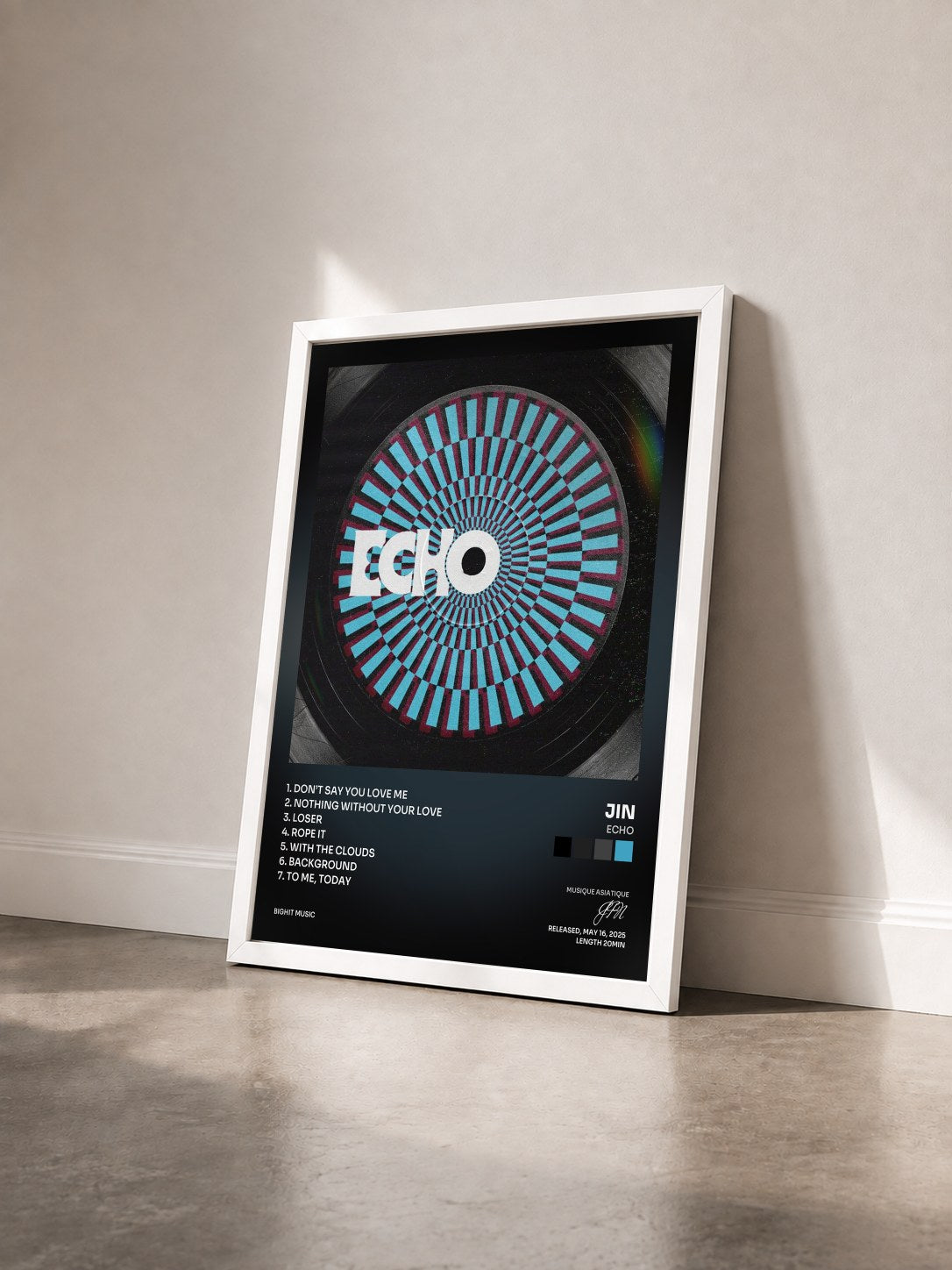 #blanc Tableau de l'album Echo de JIN vu de trois quarts, cadre blanc