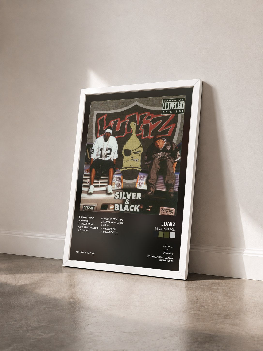 #blanc Tableau de l'album Silver & Black de Luniz vu de trois quarts, cadre blanc