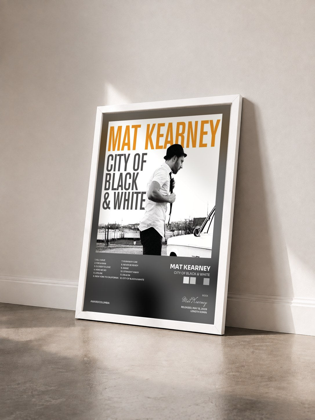 #blanc Tableau de l'album City Of Black & White de Mat Kearney vu de trois quarts, cadre blanc