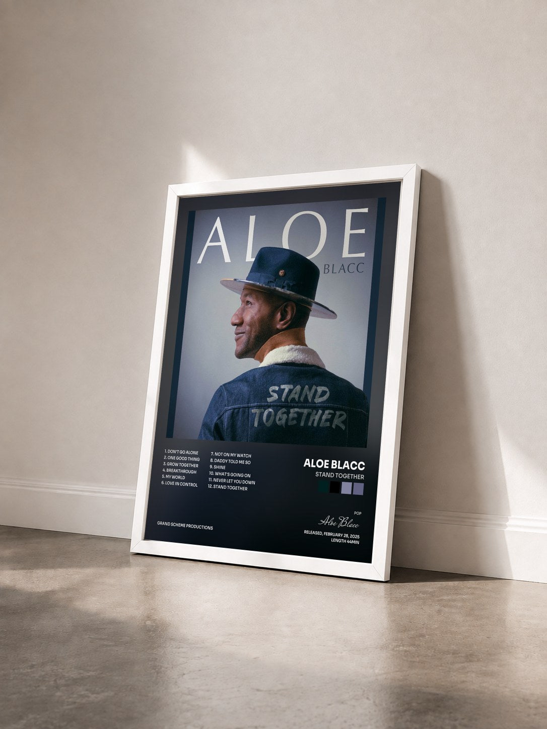 #blanc Tableau de l'album Stand Together de Aloe Blacc vu de trois quarts, cadre blanc